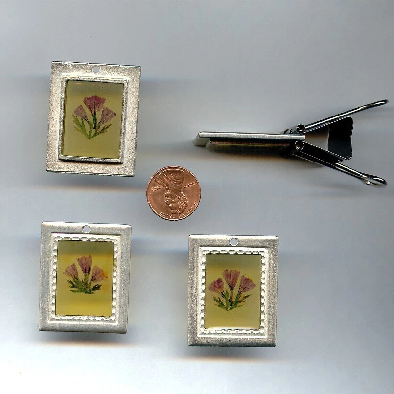 Colgante rectangular acrílico ámbar con marco de flores enmarcado en placa de plata vintage 4041 Foto 1 de 1