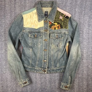 Vtg Gap Womens Jean Jacket Asian Embroidered Silk Cotton Denim Size S Patchwork - Picture 1 of 17