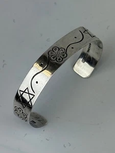 Mexico Sterling Silver Cuff Bracelet Flowers & Star of David * 8.5g - Picture 1 of 6