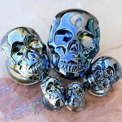 PAIR of Metallic Black Skull Glass Double Flare Plug - Image 1 of 4