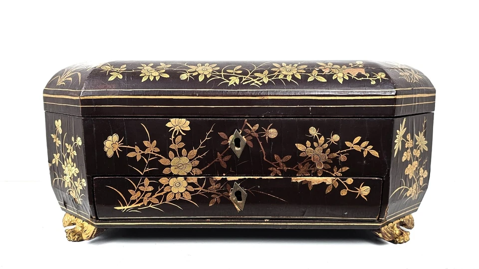 1820s Chinese Export Black Lacquer Gilt Sewing Box w Contents Antique - Image 1 of 4