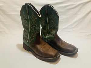 Womens Justin Boots Raya Teal Brown Leather Classic Western Boots Shoes Size 10B - Picture 1 of 11