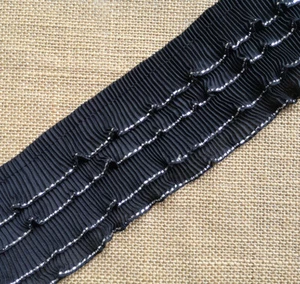 3 y 3'' Wide 4 Layer Gathered Ruffled Lace Trim Black with Silver On The Edge - Picture 1 of 2