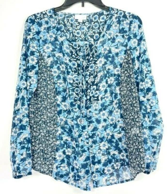 NWOT J. Jill Blouse Key Hole Neck Button Front Floral Print Blue Size XSp        - Image 1 of 4