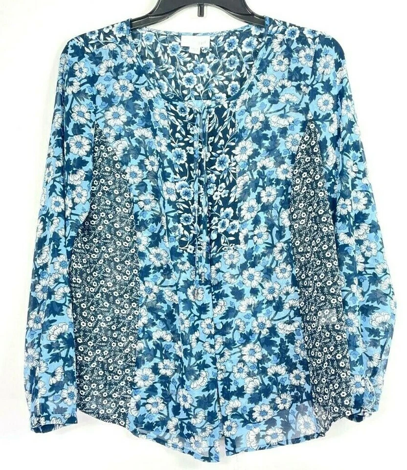 NWOT J. Jill Blouse Key Hole Neck Button Front Floral Print Blue Size XSp        - Image 1 of 4