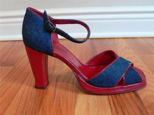 BCBC Max Azria Azul Denim Rojo Cuero Puntera Abierta Tacones Correa al Tobillo Nuevo 9 B 39.5 - Imagen 1 de 1
