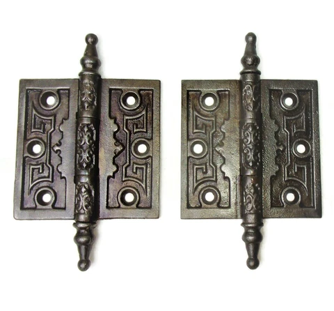 Pair Antique Ornate Eastlake Victorian Steeple Tip Door Hinges 3.5" x 3.5" Cover