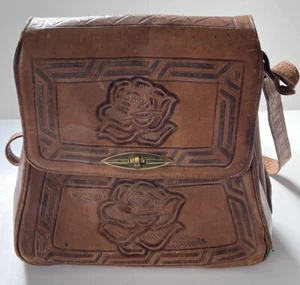 Vtg Hand-Tooled Genuine Leather Purse/Shoulder Bag Natural Rose Flower - Picture 1 of 15