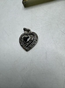 Sterling Silver 925 Heart Pendant Mounted Heart Onyx? Other Clear Stones .75” - Picture 1 of 8