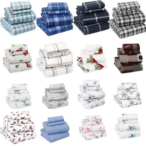 100% Cotton Flannel Sheet Set Printed Fitted, Flat, Sheets With Pillowcases - Picture 1 of 312