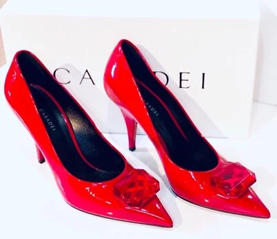 Zapatos de tacón alto Casadei de charol rojo EU 36 US 6 piedras preciosas nuevos con etiquetas Foto 1 de 4