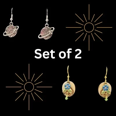 Juego de 2 pendientes colgantes florales y planeta en tono plata y oro para mujer azules únicos Foto 1 de 4