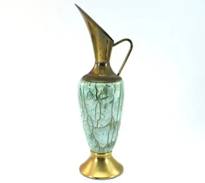 Old Dutch Delftware PITHER 9” Brass & Porcelain Blue Marble Look Décor Vintage - Picture 1 of 10