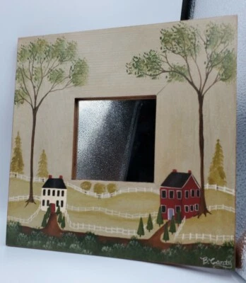 Hand Painted Country Scene Colonial Framed Hanging Mirror 10 x 10  by B. Canty  - Image 1 of 4