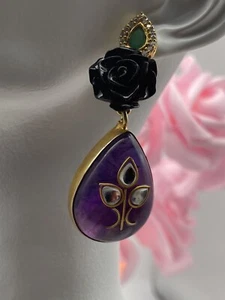 Vintage Earrings 18ct Gold Plated Rubellite Emerald Glass Dangle Drop 25.88g - Picture 1 of 10