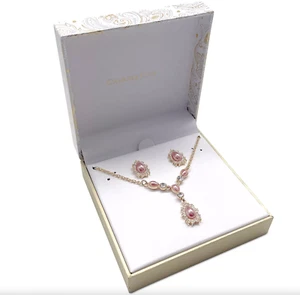 CHARTER CLUB GOLD-TONE PINK STUD EARRINGS & HALO PENDANT LARIAT NECKLACE SET NIB - Picture 1 of 7
