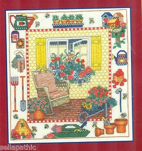 Garden Window Rocking Chair Birdhouses Flowers BeesCross Stitch Pattern Bobbie G - Picture 1 of 2