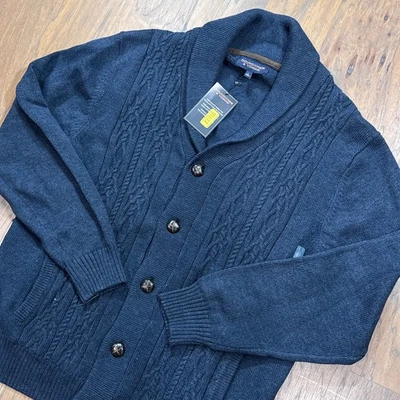 Suéter Roundtree Yorke Para Hombres L Azul Tejido con Cable Pescador Cárdigan Botón Frontal Foto 1 de 4