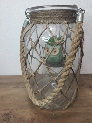 LUCA GLASS & JUTE LANTERN Large With Owl Insert - Image 1 of 4