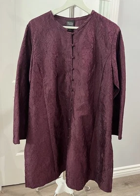 EILEEN FISHER L Crinkle Silk Frog Closure Maroon Mandarin Style Tunic Jacket - Image 1 of 4