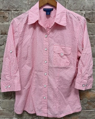 Blusa para mujer KAREN SCOTT rosa y blanco lunares algodón manga 3/4 talla mediana” Foto 1 de 4
