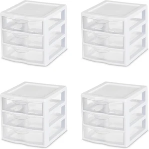 4-Pack 3 Drawer Unit, Plastic Desktop Organizer with Clear Drawers, White Frame - Picture 1 of 12