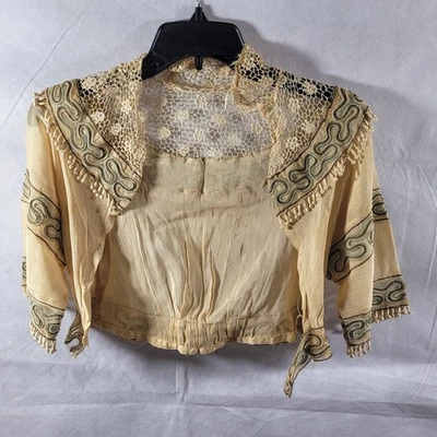 Antique Edwardian Blouse Sz S Beige Lace Soutache Trim Circa 1900s Handmade RARE - Image 1 of 4