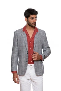 1950$ BELVEST Blue Gray Glen Plaid Pure Linen Jacket 40 US / 50 EU  Court Drop 4 - Picture 1 of 6