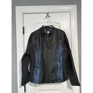 KOOS Of Course! Leather Jacket Black Blue Gray Animal Print Women’s Large - Picture 1 of 4