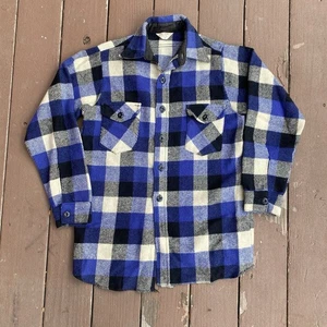 VTG Ice Berg 50s 60s Flannel Blue Black Cream Sz 15 Medium Wool Lumberjack Plaid - Picture 1 of 11