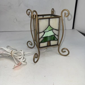 ALSY Christmas 4 Sided Stained Glass Accent Lamp Gold Tone Scrolled Iron Base - Picture 1 of 5