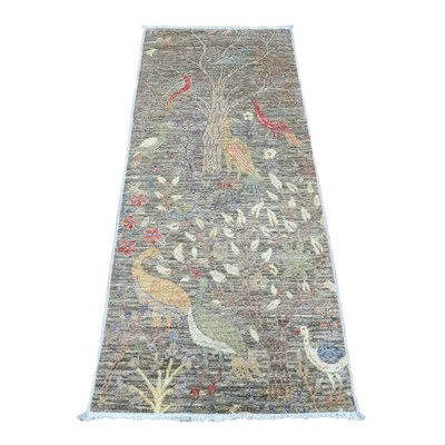 2'6"x6'2" Gray Afghan Peshawar Birds Design Wool Hand Knotted Runner Rug G20108 - Image 1 of 4