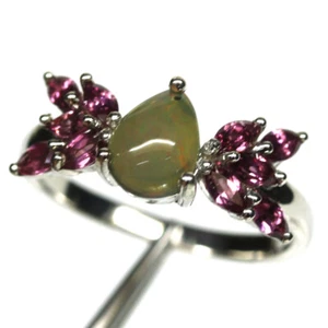 925 Sterling Silver Fancy Color Play Black Opal & Rhodolite Women Ring Size 7.5 - Picture 1 of 4