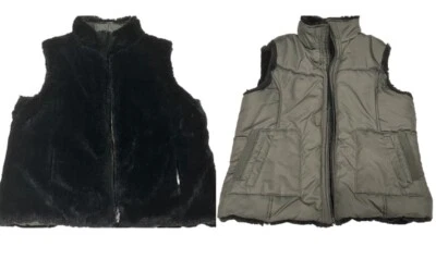 KC Collections Women Jacket Vest Black Reversable Sleeveless Faux Fur Sz Large - Image 1 of 4