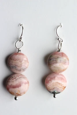 Rhodochrosite Pink 14mm Coin Natural Gemstone 925 Sterling Silver Earrings - Imagem 1 de 4