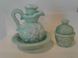 Victorian Style Pitcher & powder set, Avon, Great Condition, Aqua Marbled Glass - Picture 1 of 7
