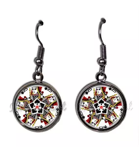 Playing Cards Queen Spades Poker Game - Round Resin Dangling Earrings 16mm SIZE - Picture 1 of 11