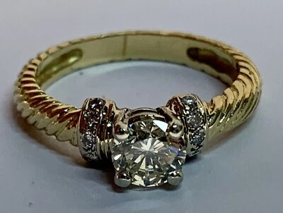 18k Solid Yellow White Gold Diamond Ring Solitaire Round Cut Vintage Engagement - Image 1 of 4