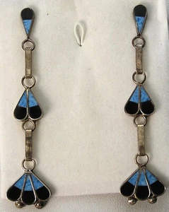 Vintage Long Dangle Pierced Post Zuni Turquoise & Jet Earrings  R. Yamutewa NM - Picture 1 of 7