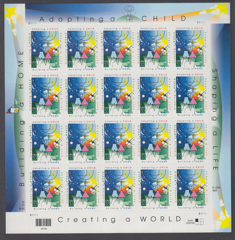 US #3398 Adopting a Child 33c Complete Sheet of 20 Mint Never Hinged - Image 1 of 1