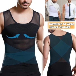 Men's Slimming Shirt Body Shaper Vest Hide Boobs Moobs Chest Belly Waist Trainer - Picture 1 of 16