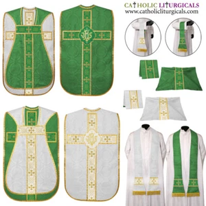 Green and White Reversible Travel Fiddleback Vestment IHS with 5pc mass set - Picture 1 of 1