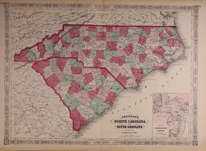 1866 Map ~ NORTH & SOUTH CAROLINA by A. J. Johnson ~ (18x26)-#02 - Picture 1 of 2