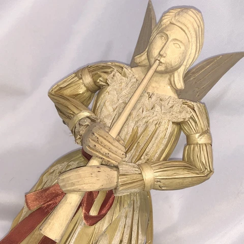 Vintage Wicker Angel Woven Rattan Bamboo Carved Wood Playing Horn Christmas Cover