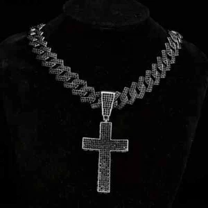 Hematite Black Cross Pendant Cubic Zirconia 20" Cuban Chain Hip Hop Necklace - Picture 1 of 6