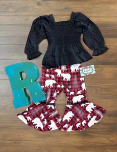 Christmas Bear Toddler Outfit, Buffalo Plaid Bear Snowflake Bell Bottoms - Picture 1 of 8