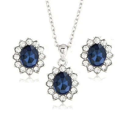 Set Kette Ohrringe Anhänger Royal Blau Ohrstecker passend für Ring Lady Diana - Bild 1 von 4