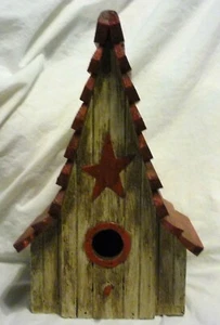 Wood Birdhouse With Red Roof, Star and Cleanout Door - Picture 1 of 6