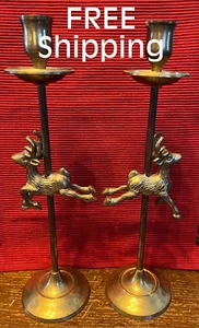 CLEARANCE *Vintage Pair Brass Reindeer Flute Taper 13" Candle Holders ( INDIA ) - Picture 1 of 8
