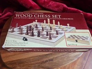 Classic Game Collection Chess Wood 10.5in Inlaid Folded Board Felt Interior New - Picture 1 of 4